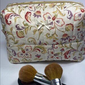 Quilted Boxy Makeup bag Hand Crafted Cream and Red Cosmetic Bag Toiletry bag